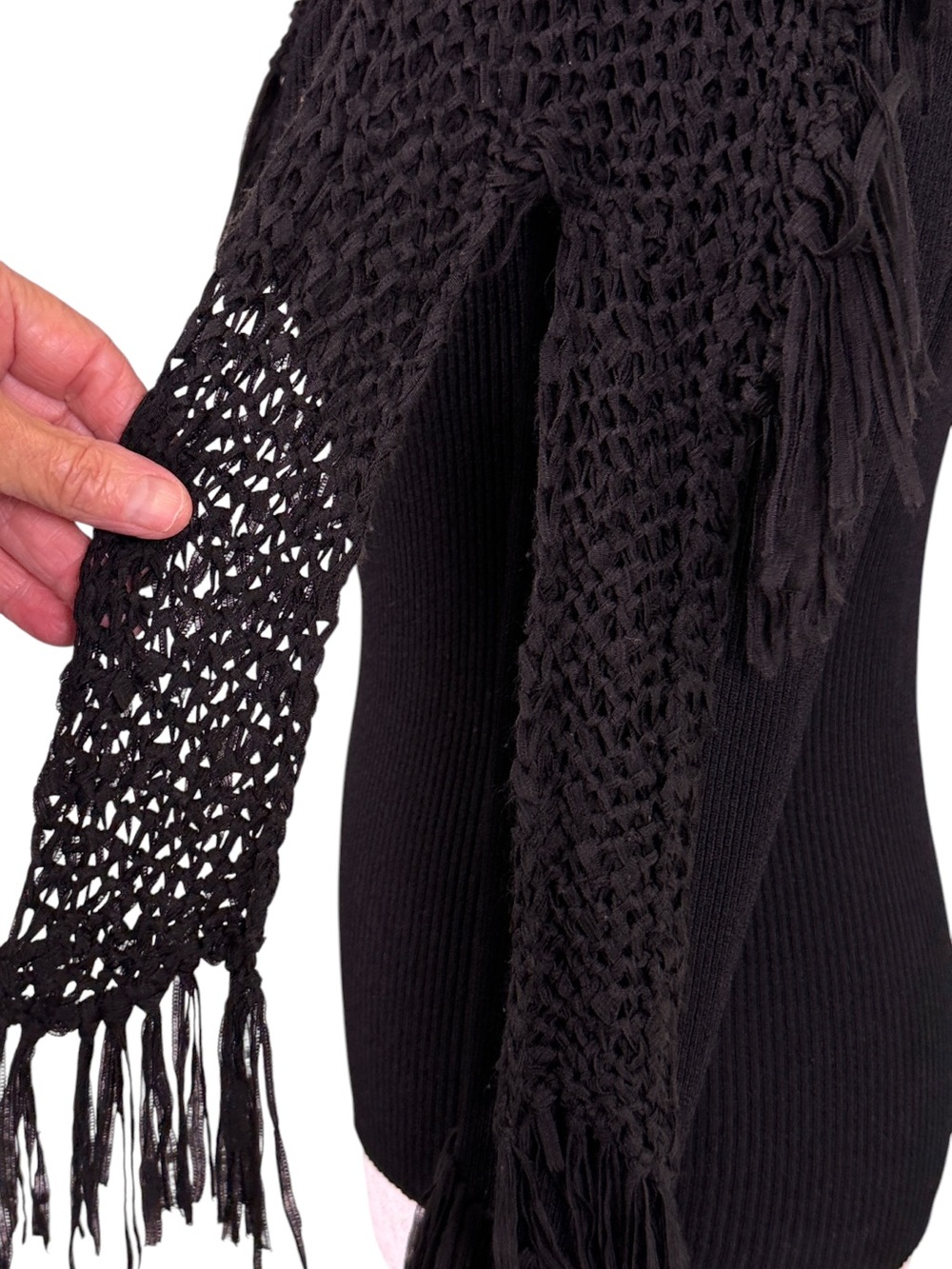 Pow Wow Black Fringe Crochet Sweater L Boho Western Festival Statement Top - Picture 10 of 14